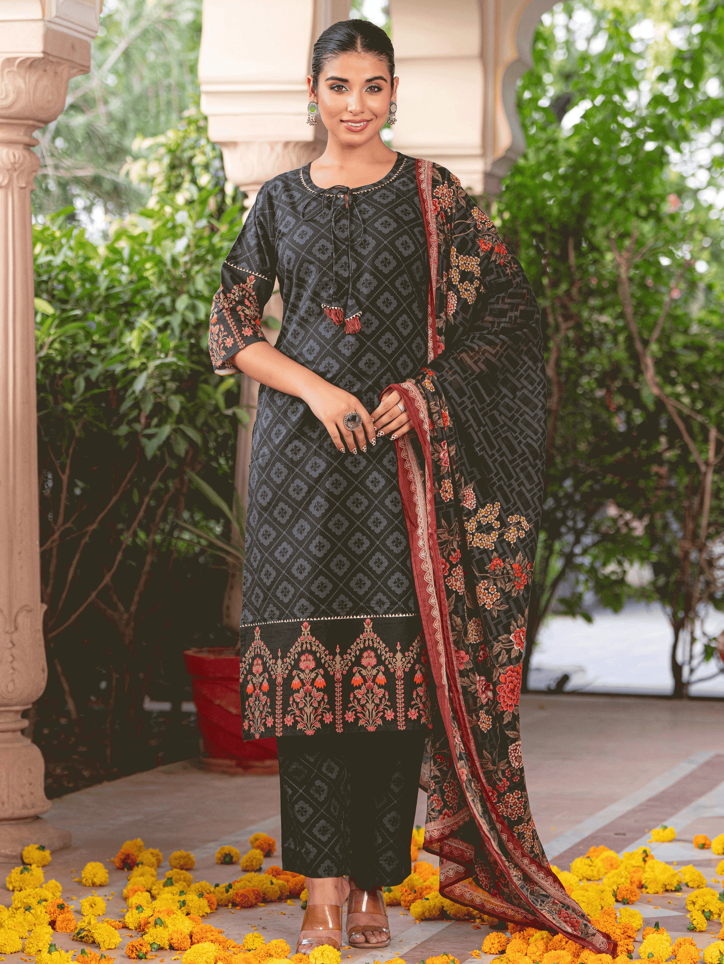 Cotton Voile Floral Black Dupatta