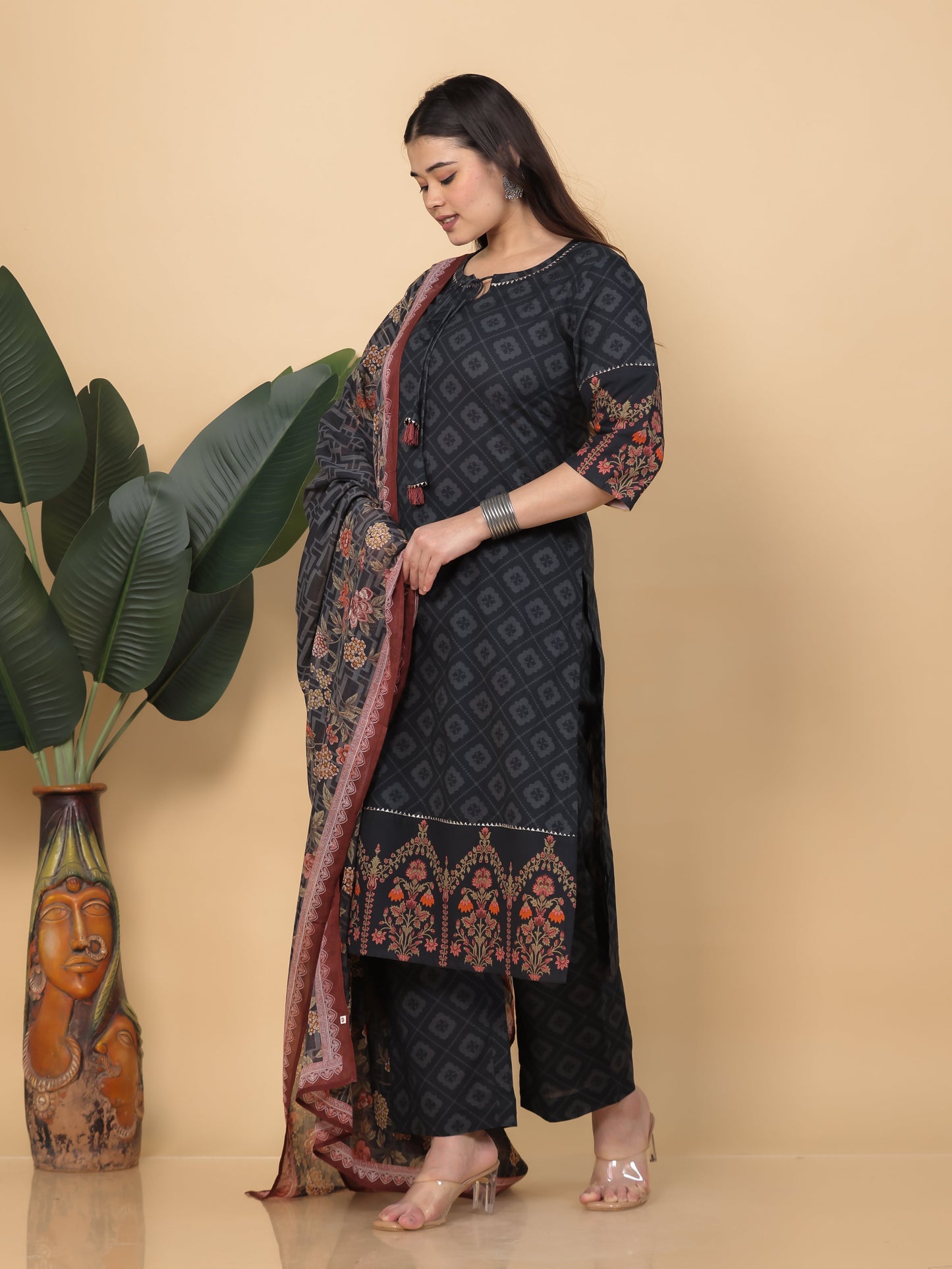 Cotton Voile Floral Black Dupatta