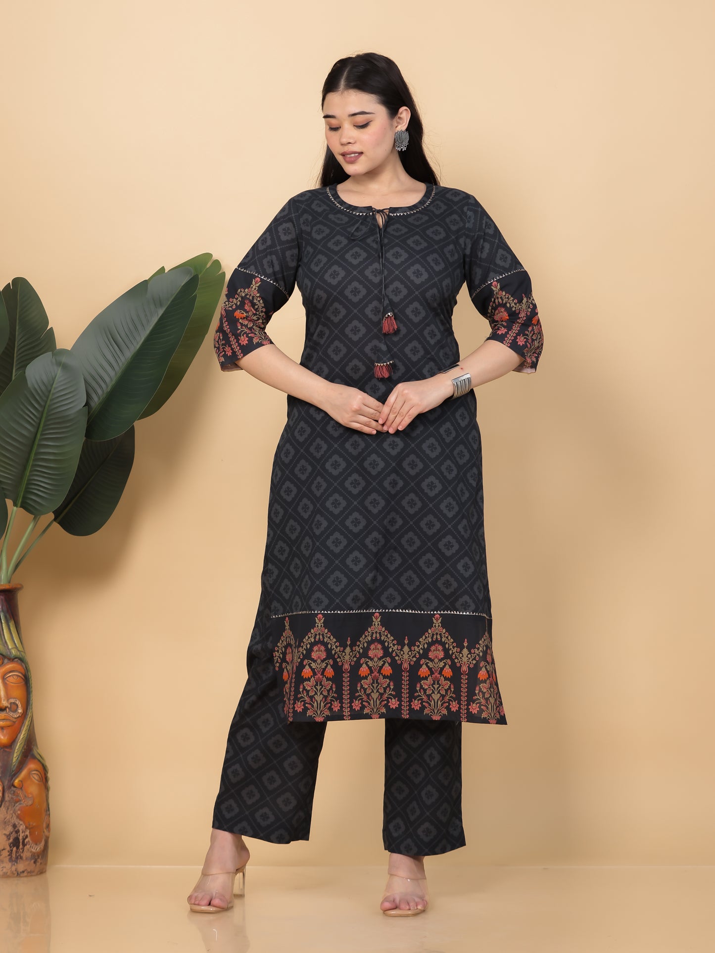 Soft Cotton Floral Straight Black Kurta