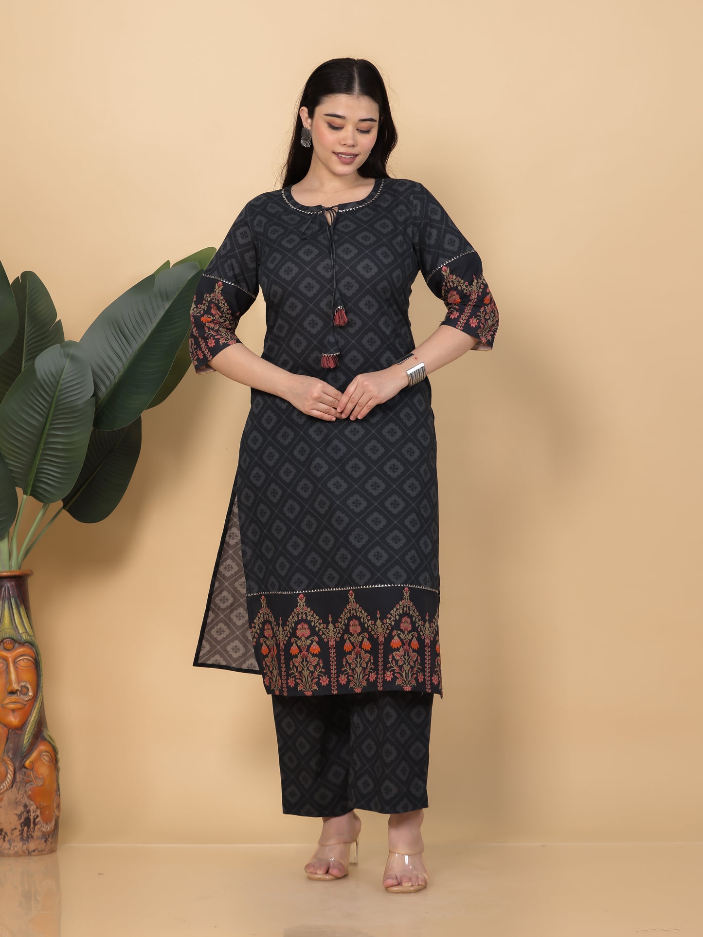 Soft Cotton Floral Straight Black Kurta
