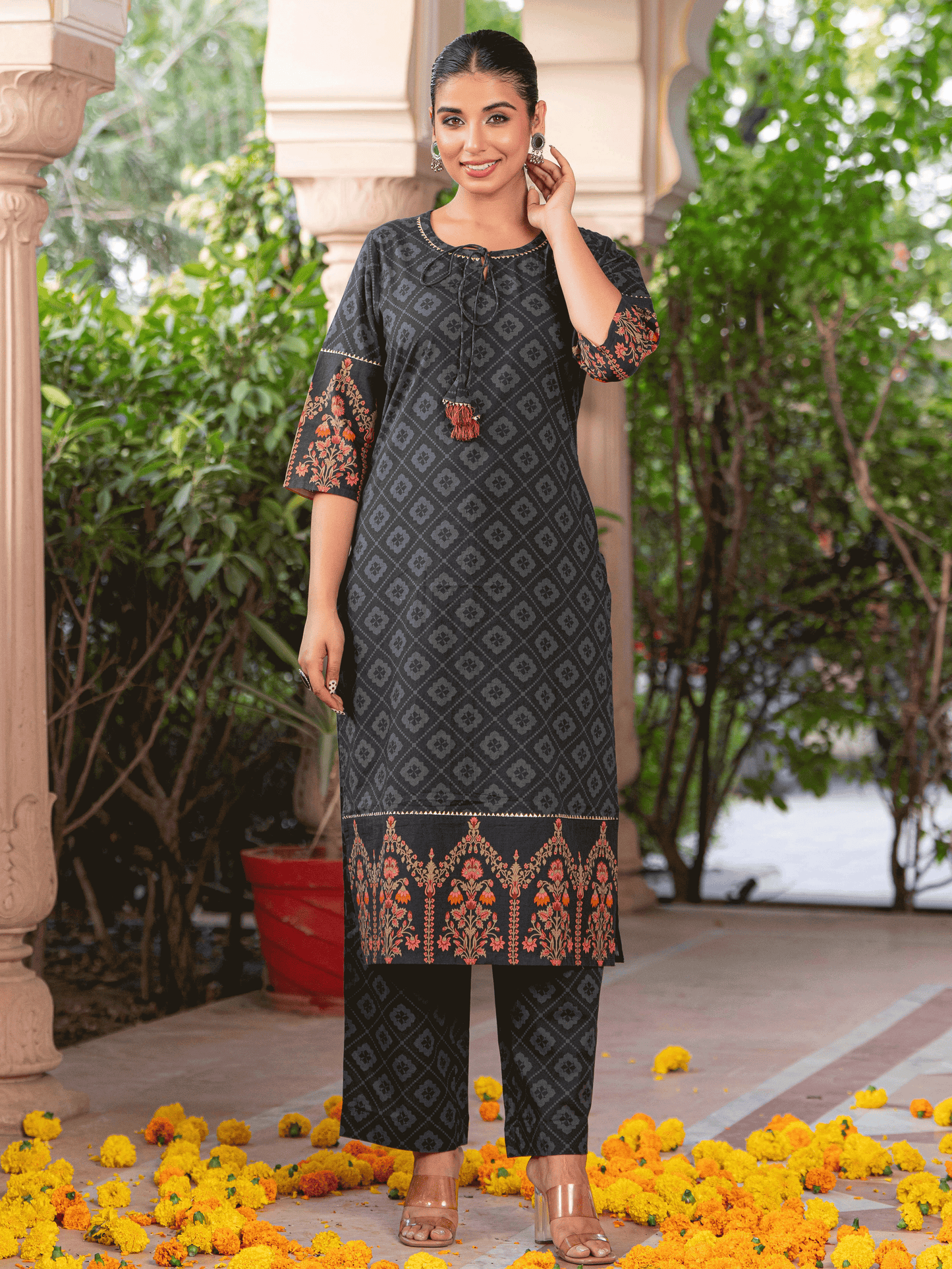 Soft Cotton Floral Straight Black Kurta