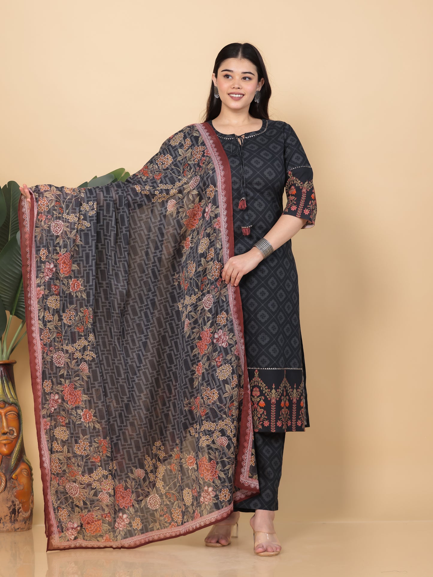 Soft Cotton Floral Straight Black Kurta
