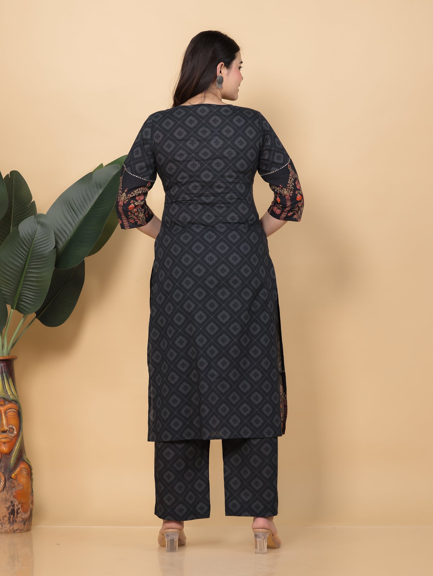 Soft Cotton Floral Straight Black Kurta