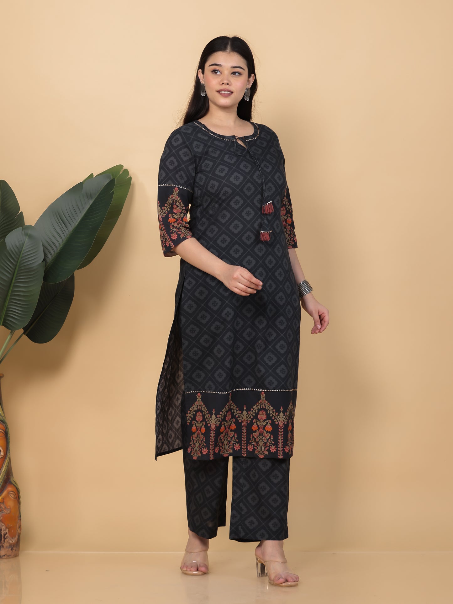 Soft Cotton Floral Straight Black Kurta