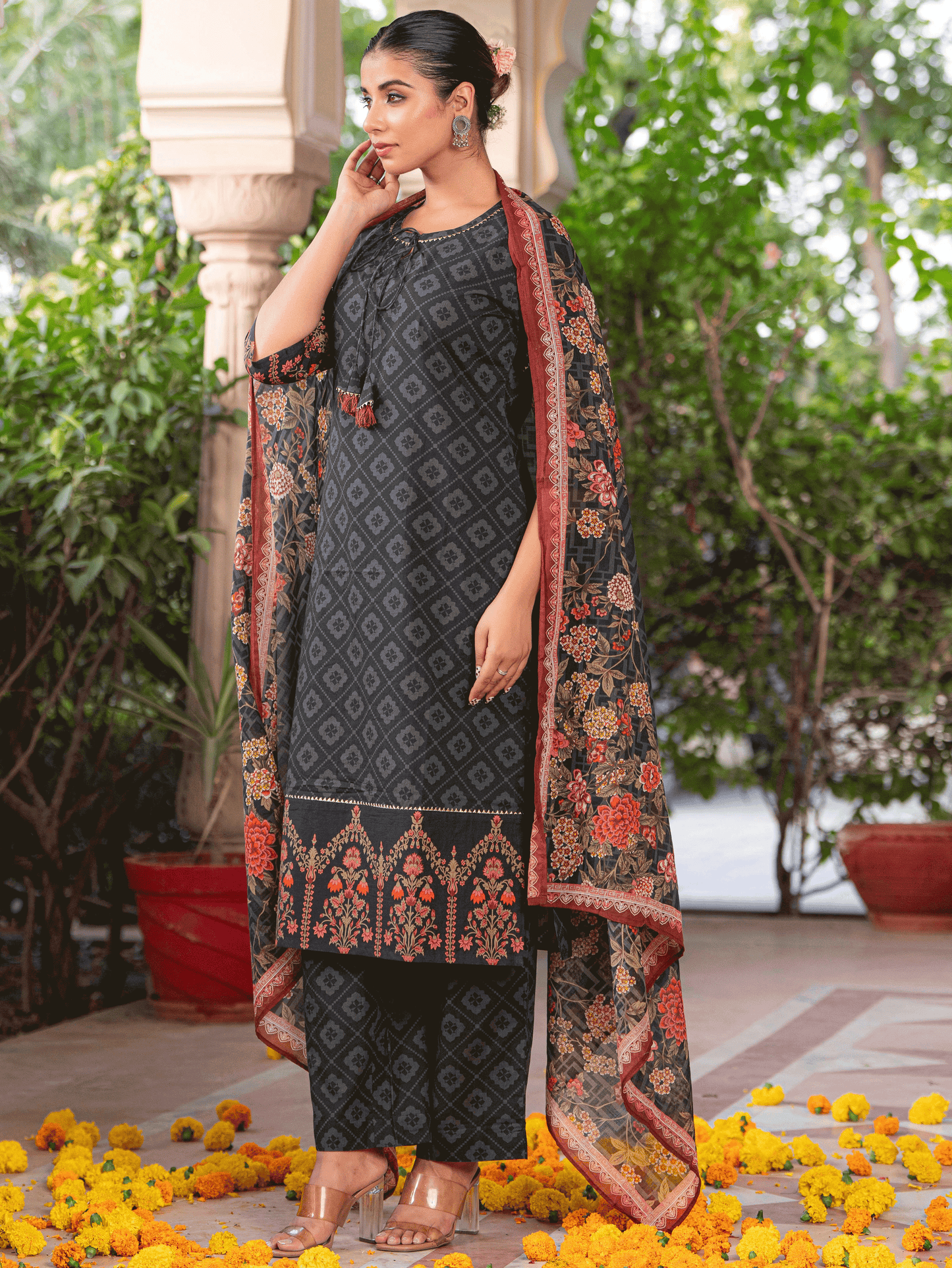 Soft Cotton Floral Straight Black Kurta