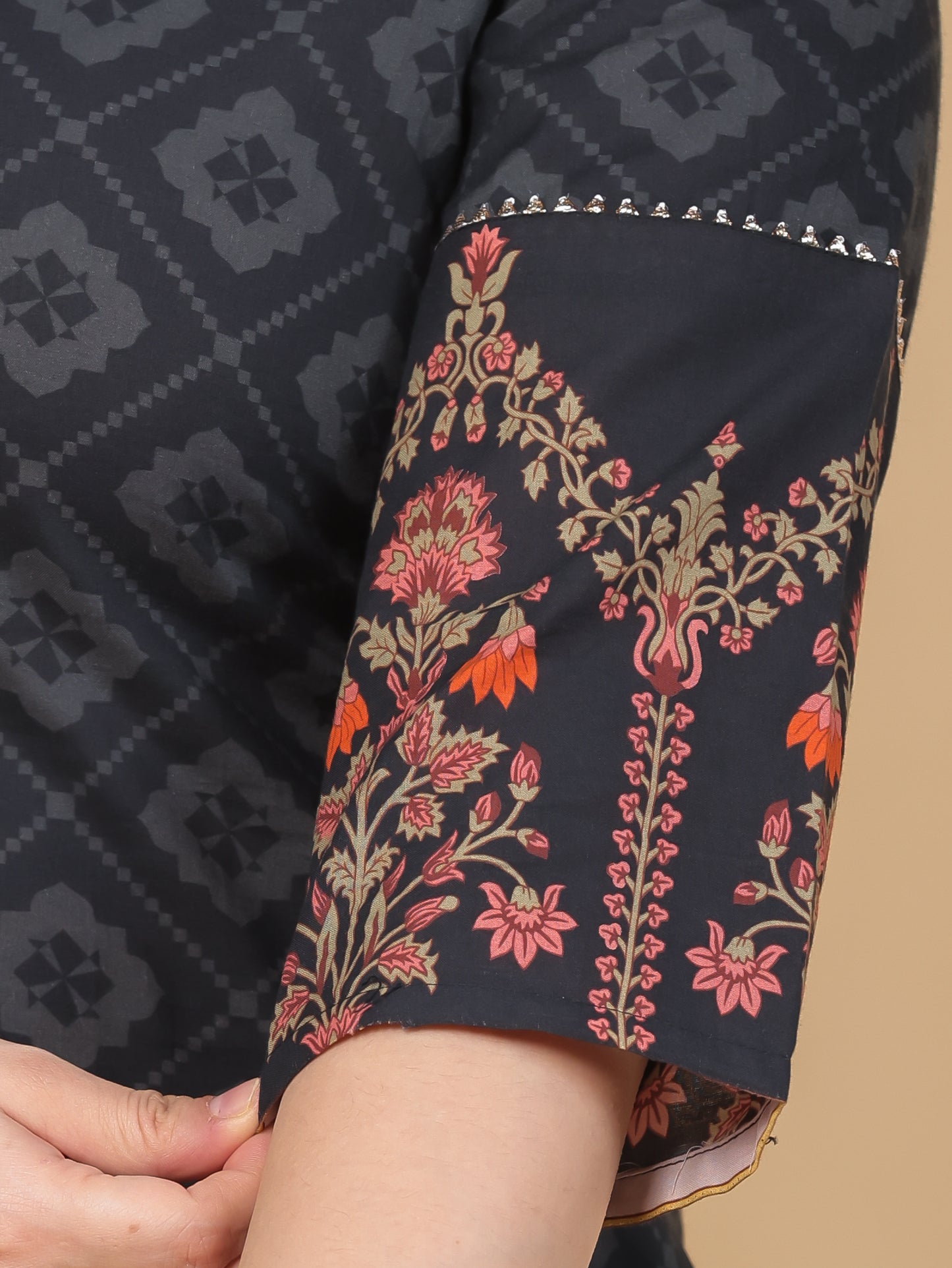Soft Cotton Floral Straight Black Kurta