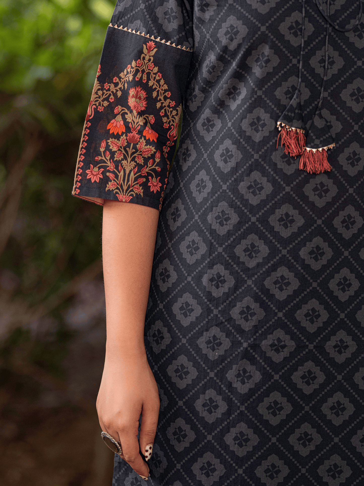 Soft Cotton Floral Straight Black Kurta