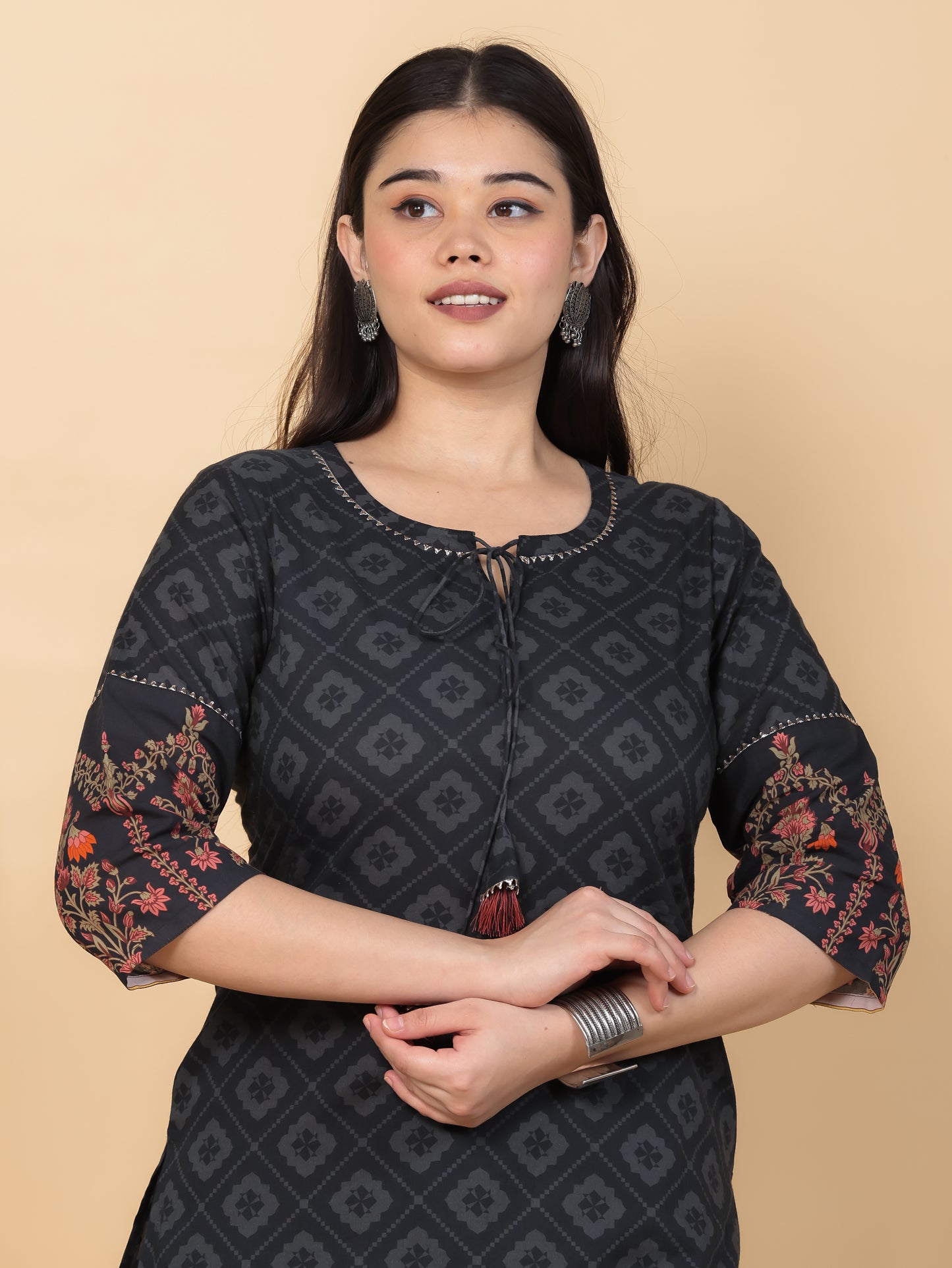 Soft Cotton Floral Straight Black Kurta