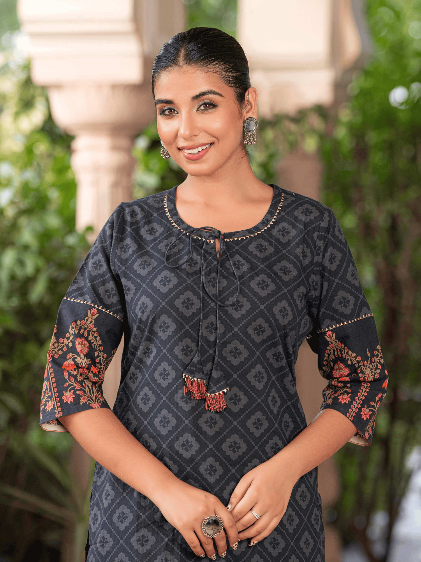 Soft Cotton Floral Straight Black Kurta