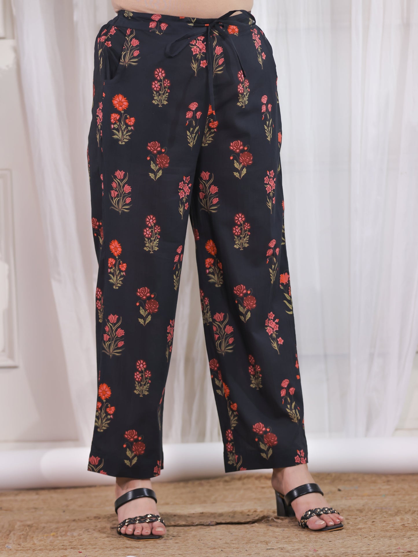 Soft Cotton Floral Black Straight Straight Trousers