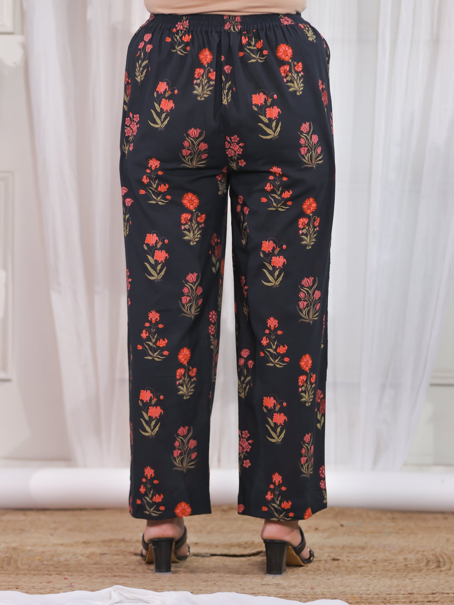 Soft Cotton Floral Black Straight Straight Trousers