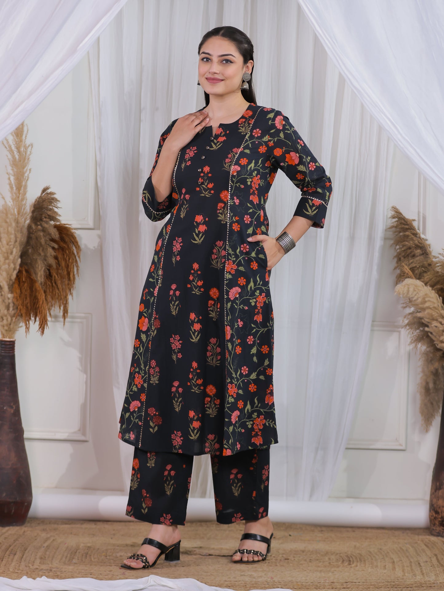 Soft Cotton Floral A-line Black Kurta