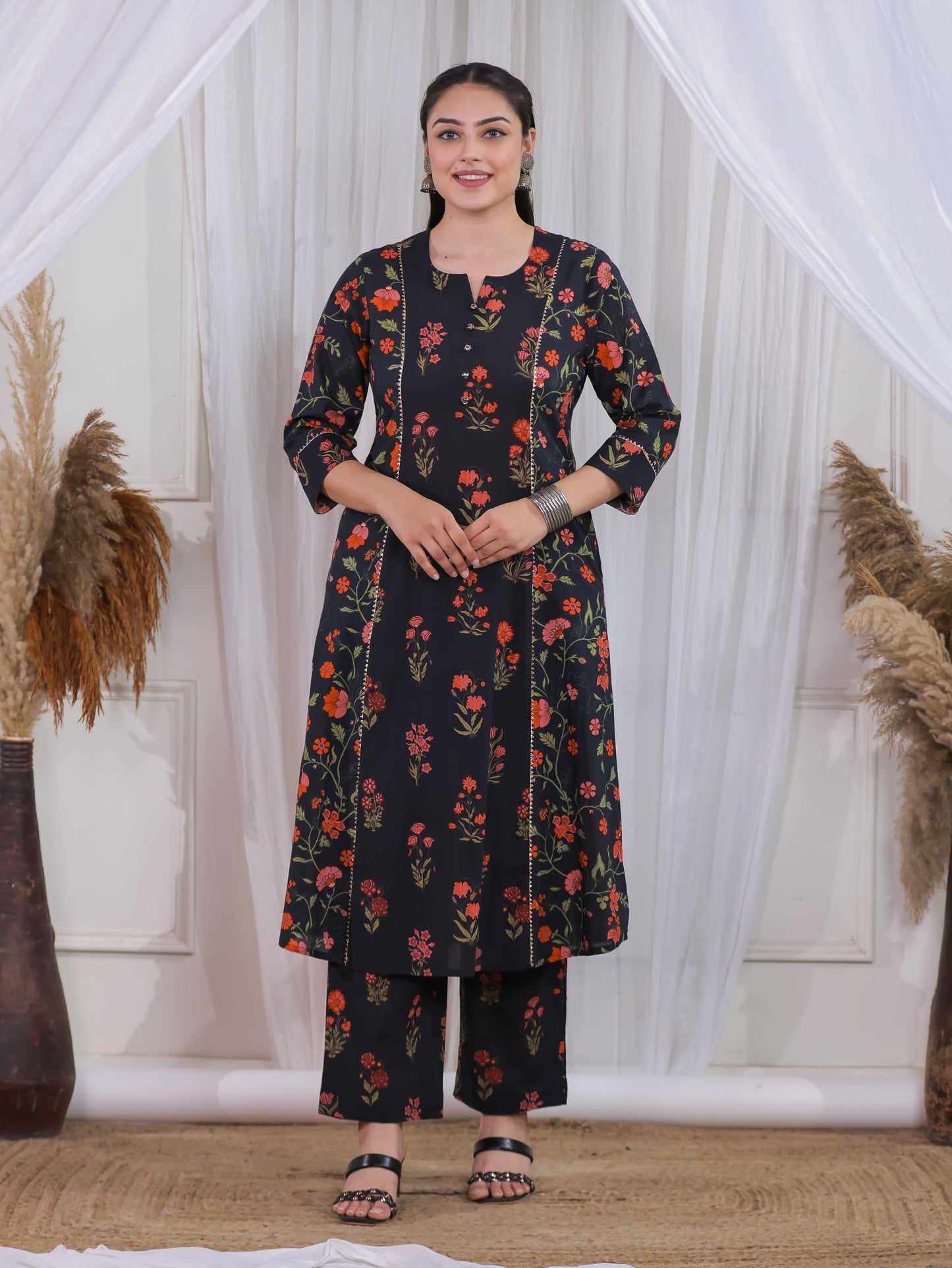 Soft Cotton Floral A-line Black Kurta