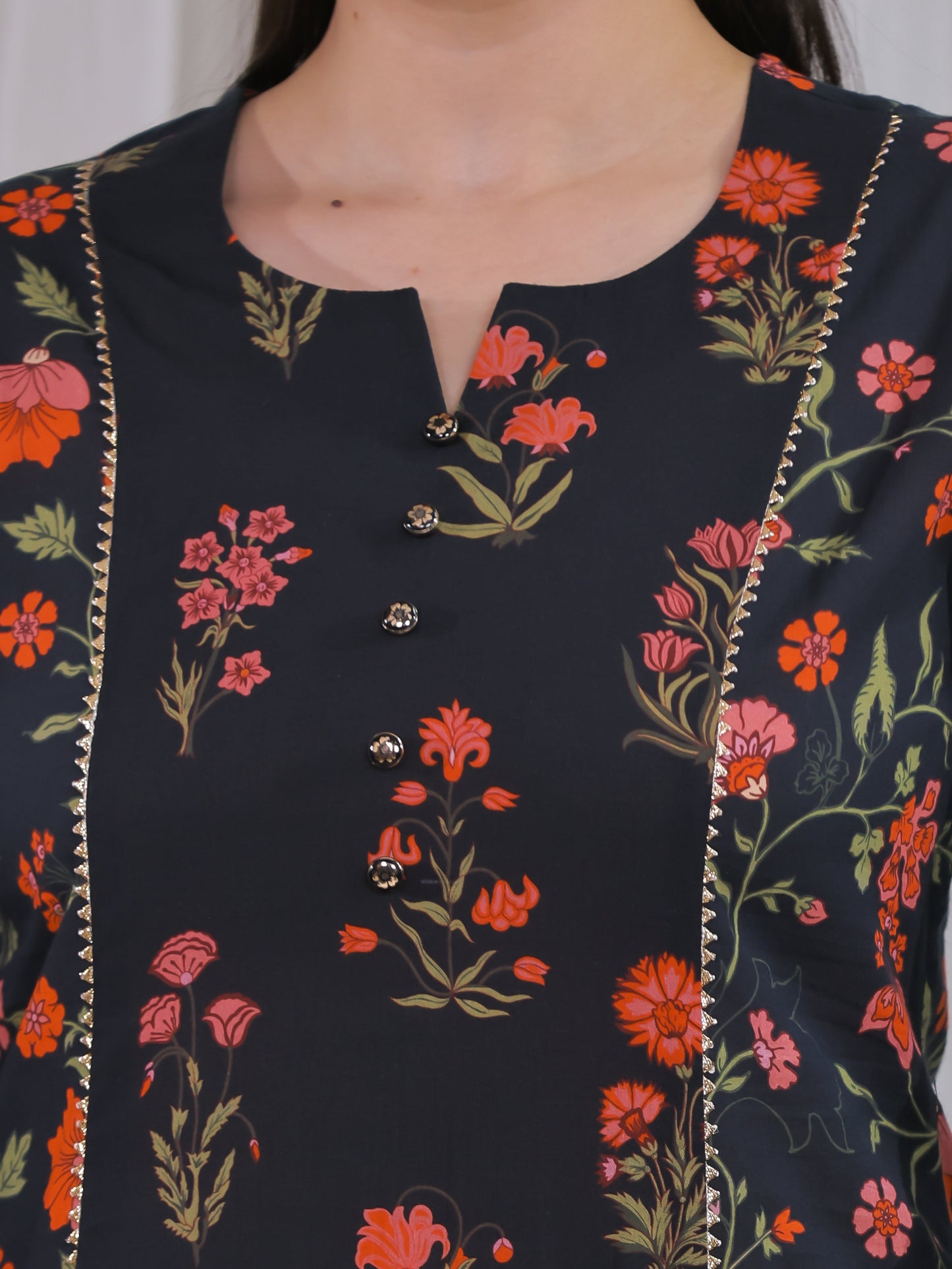 Soft Cotton Floral A-line Black Kurta