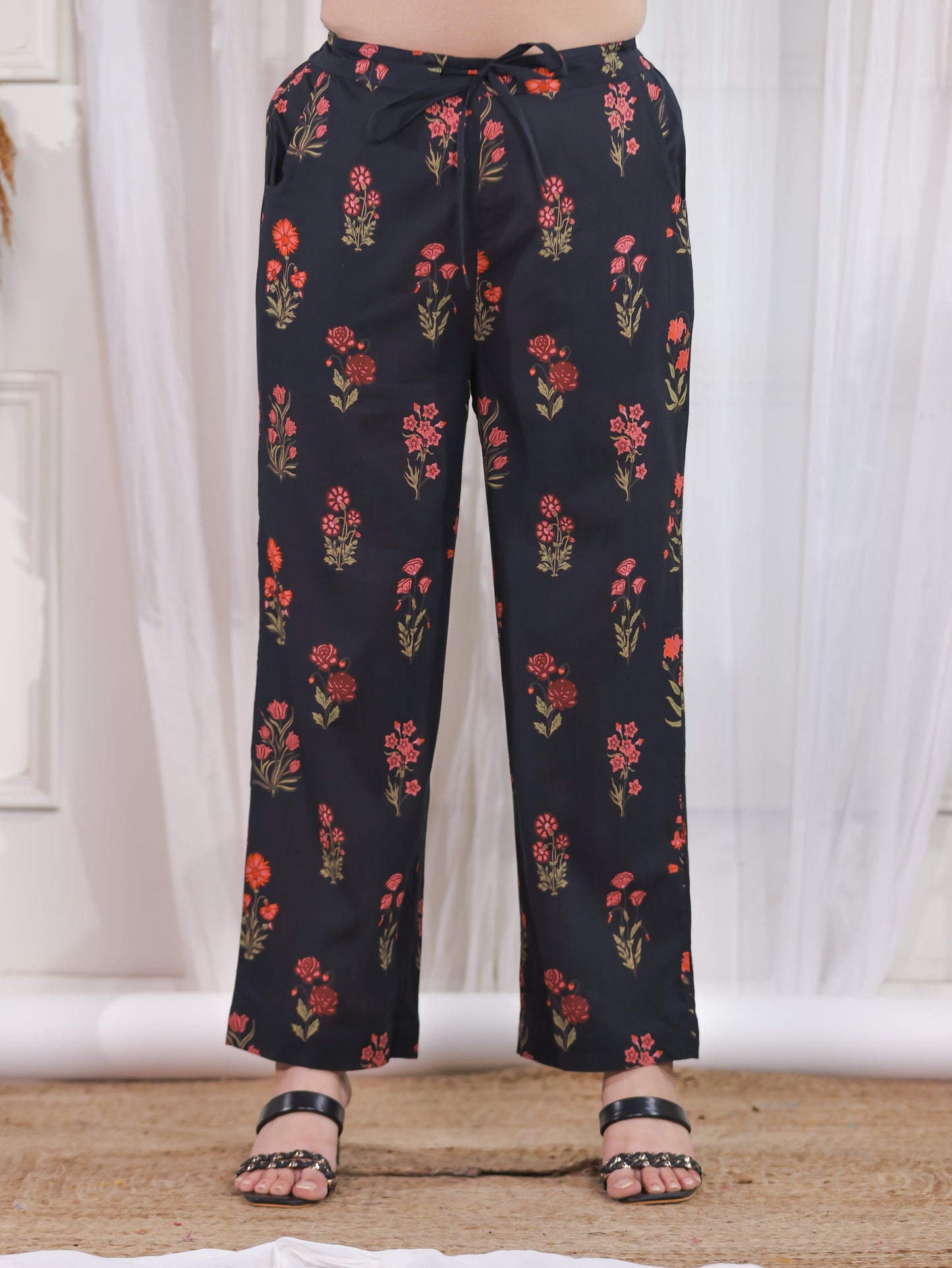 Soft Cotton Floral A-line Black Kurta