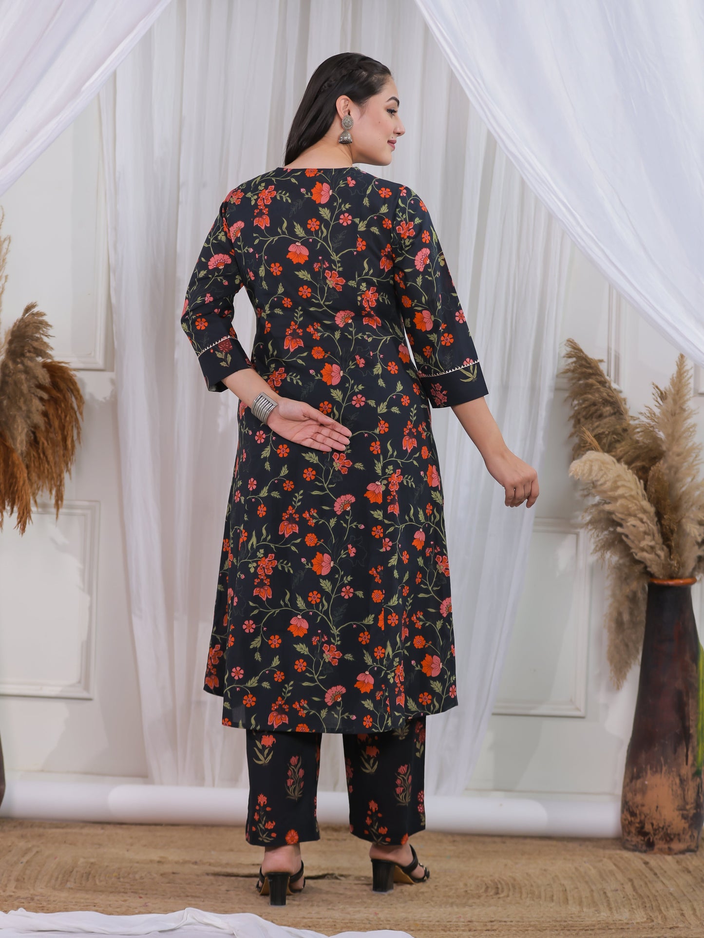Soft Cotton Floral A-line Black Kurta
