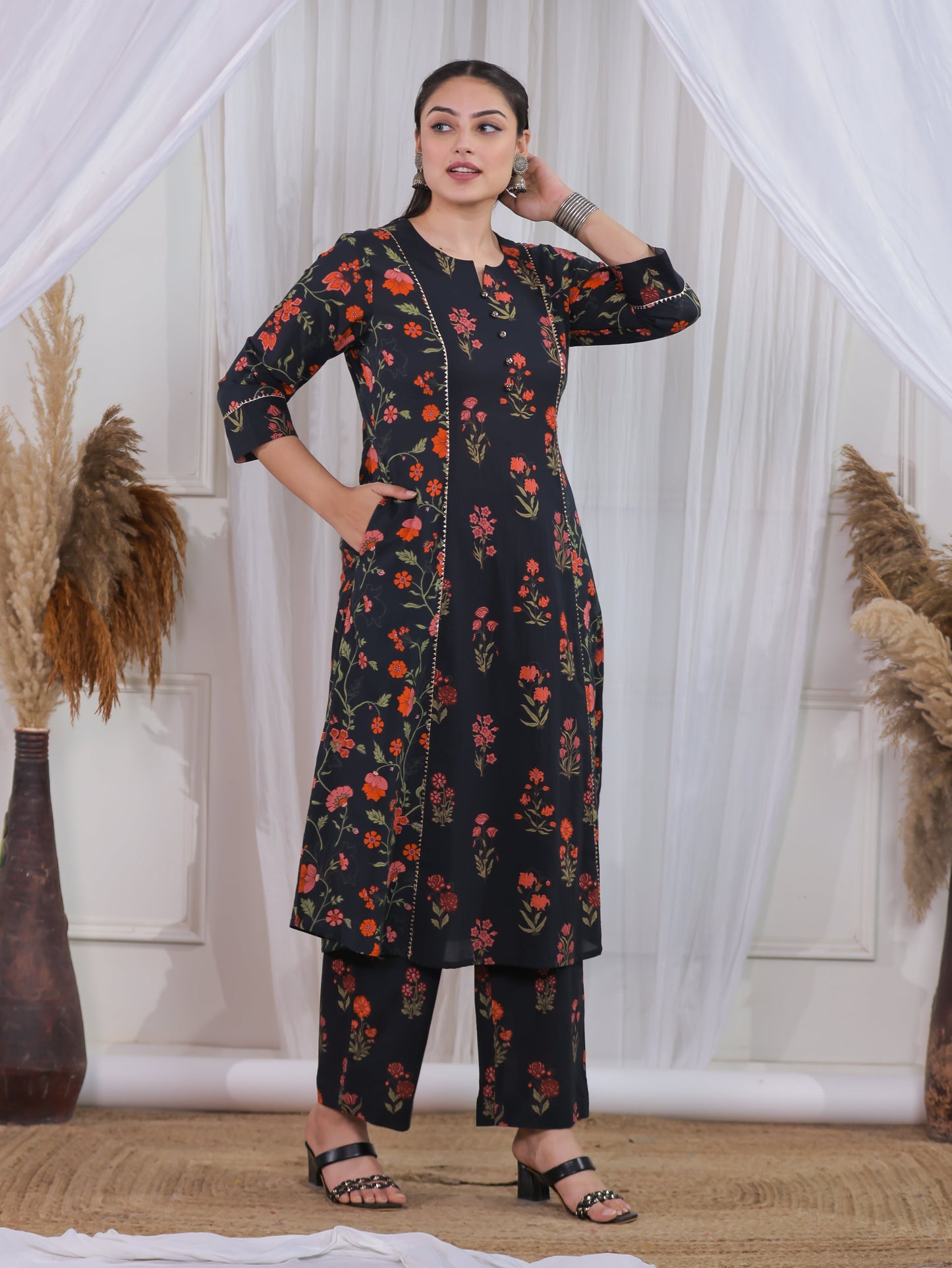Soft Cotton Floral A-line Black Kurta