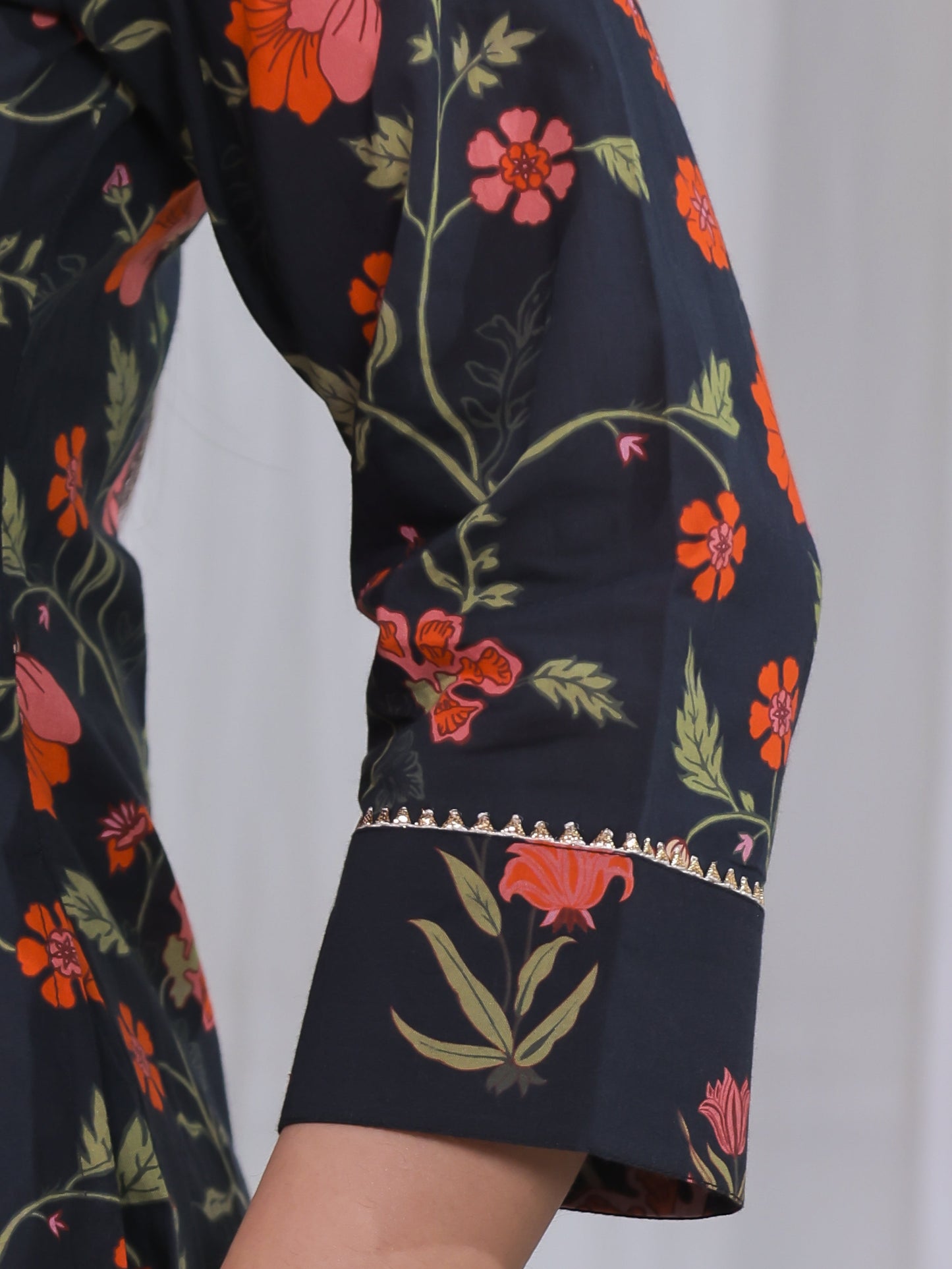 Soft Cotton Floral A-line Black Kurta