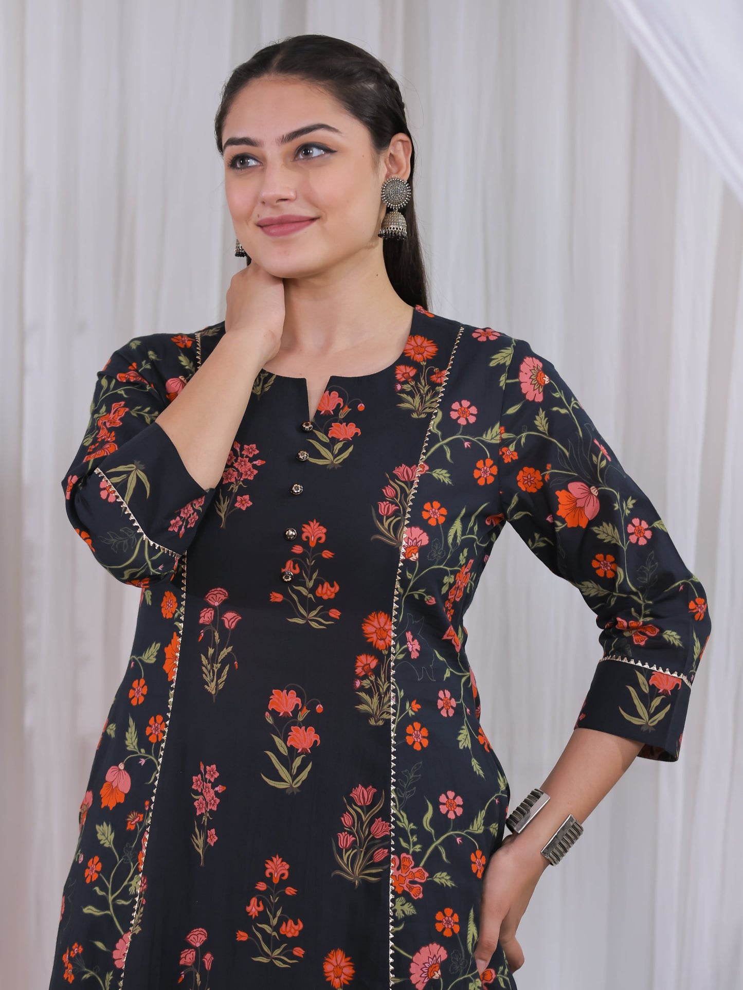 Soft Cotton Floral A-line Black Kurta