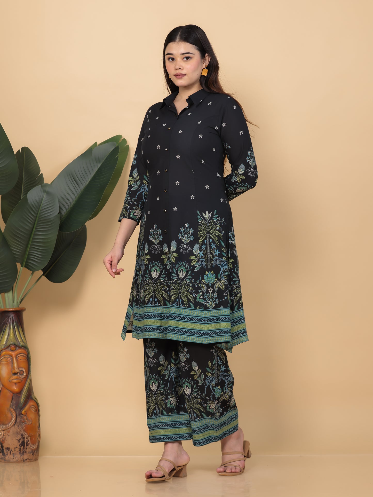 Soft Cotton Placement Print High Low Black Kurta