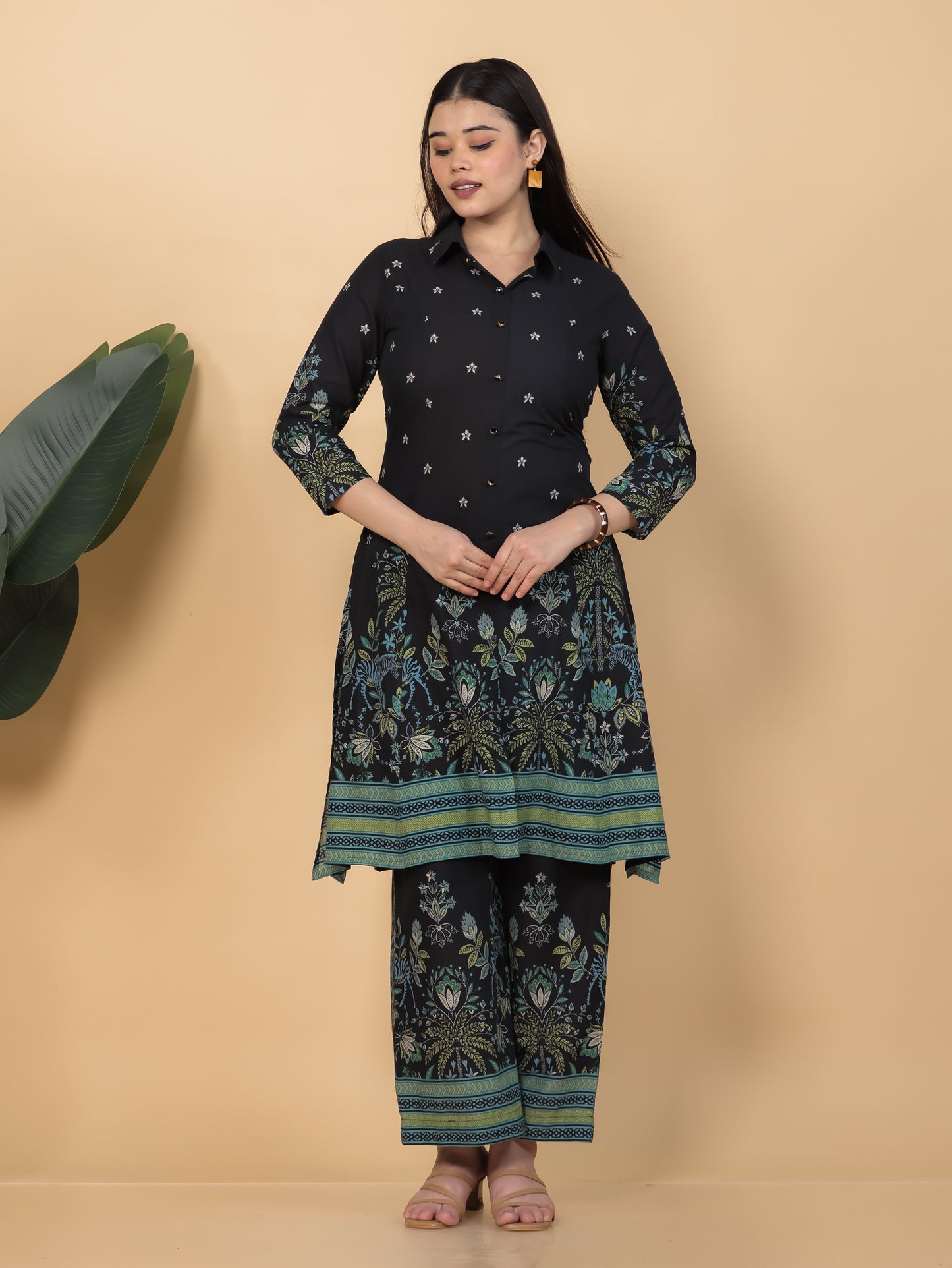 Soft Cotton Placement Print High Low Black Kurta
