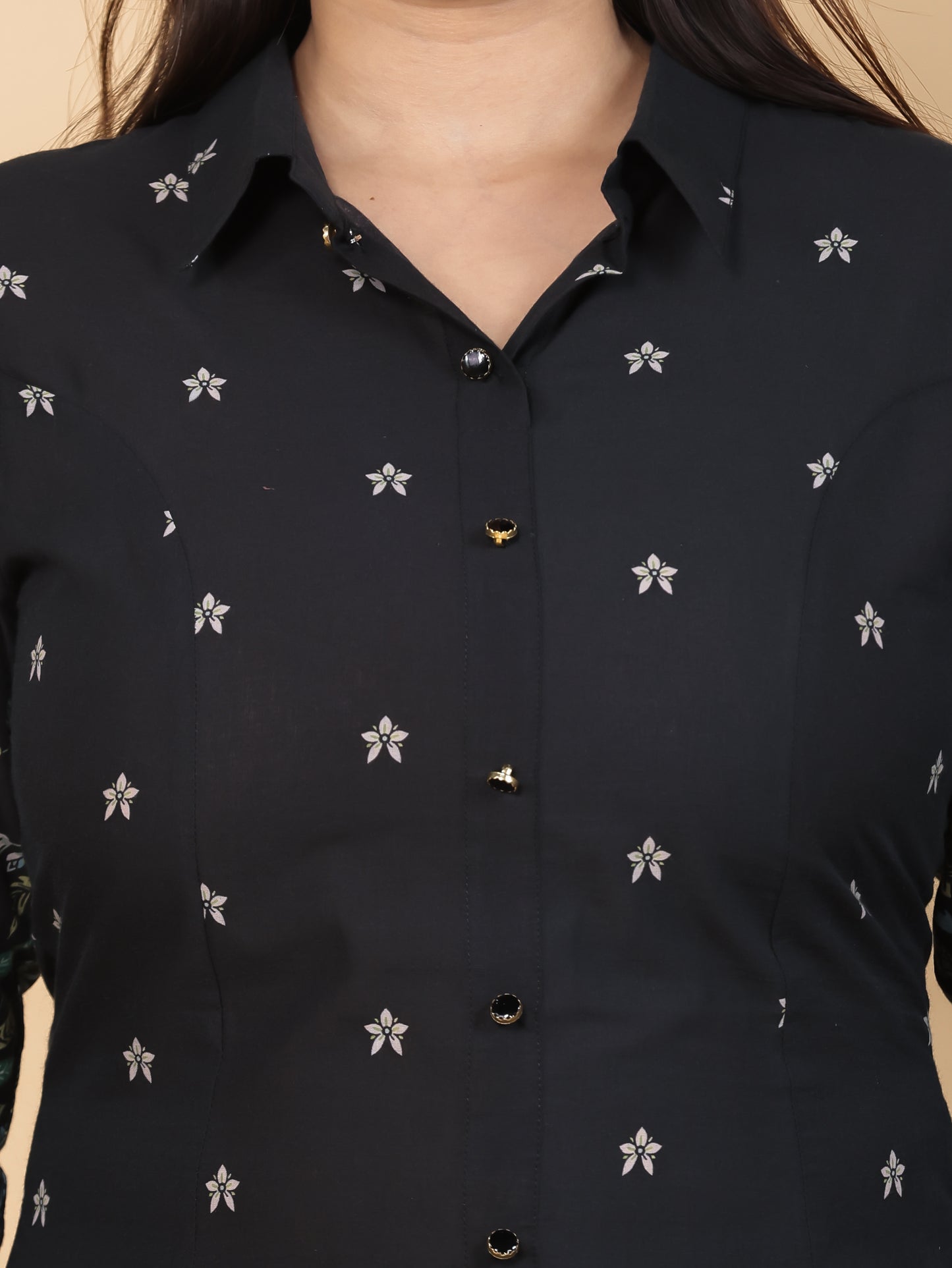 Soft Cotton Placement Print High Low Black Kurta