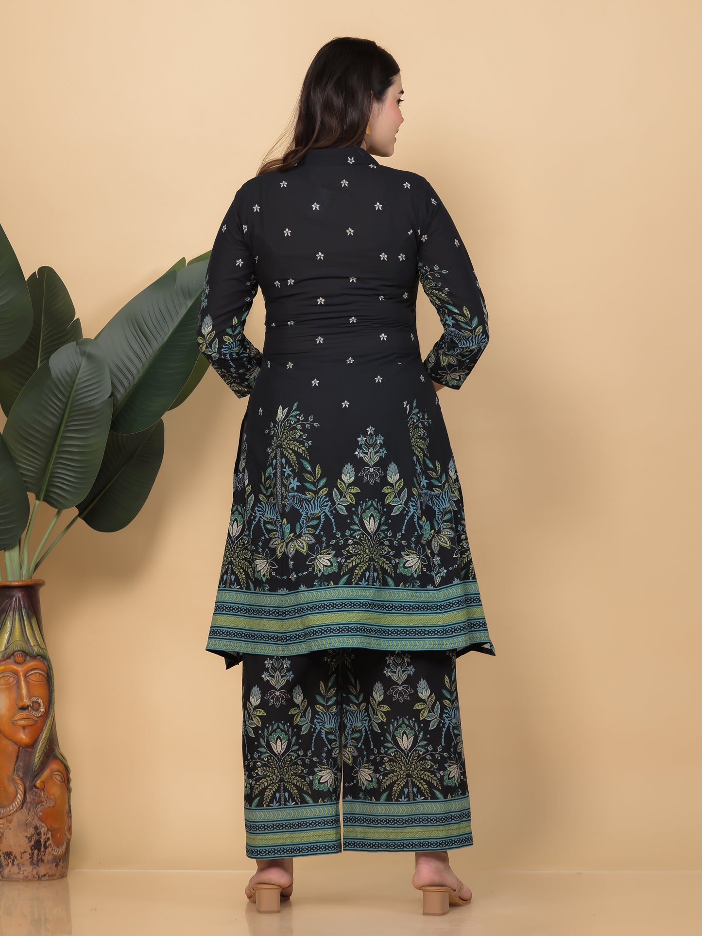 Soft Cotton Placement Print High Low Black Kurta