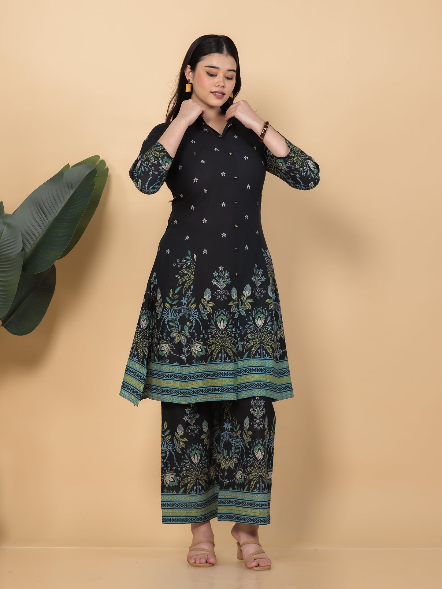 Soft Cotton Placement Print High Low Black Kurta