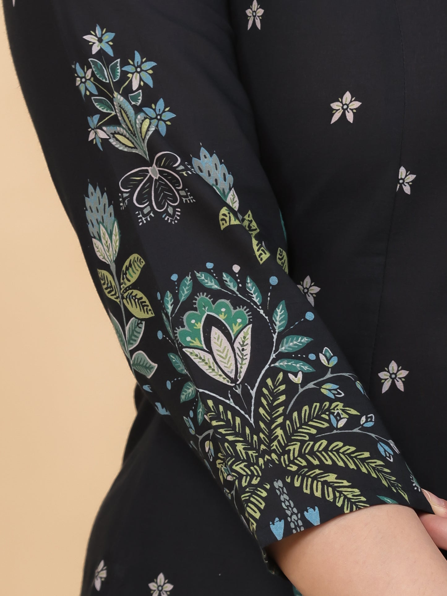 Soft Cotton Placement Print High Low Black Kurta