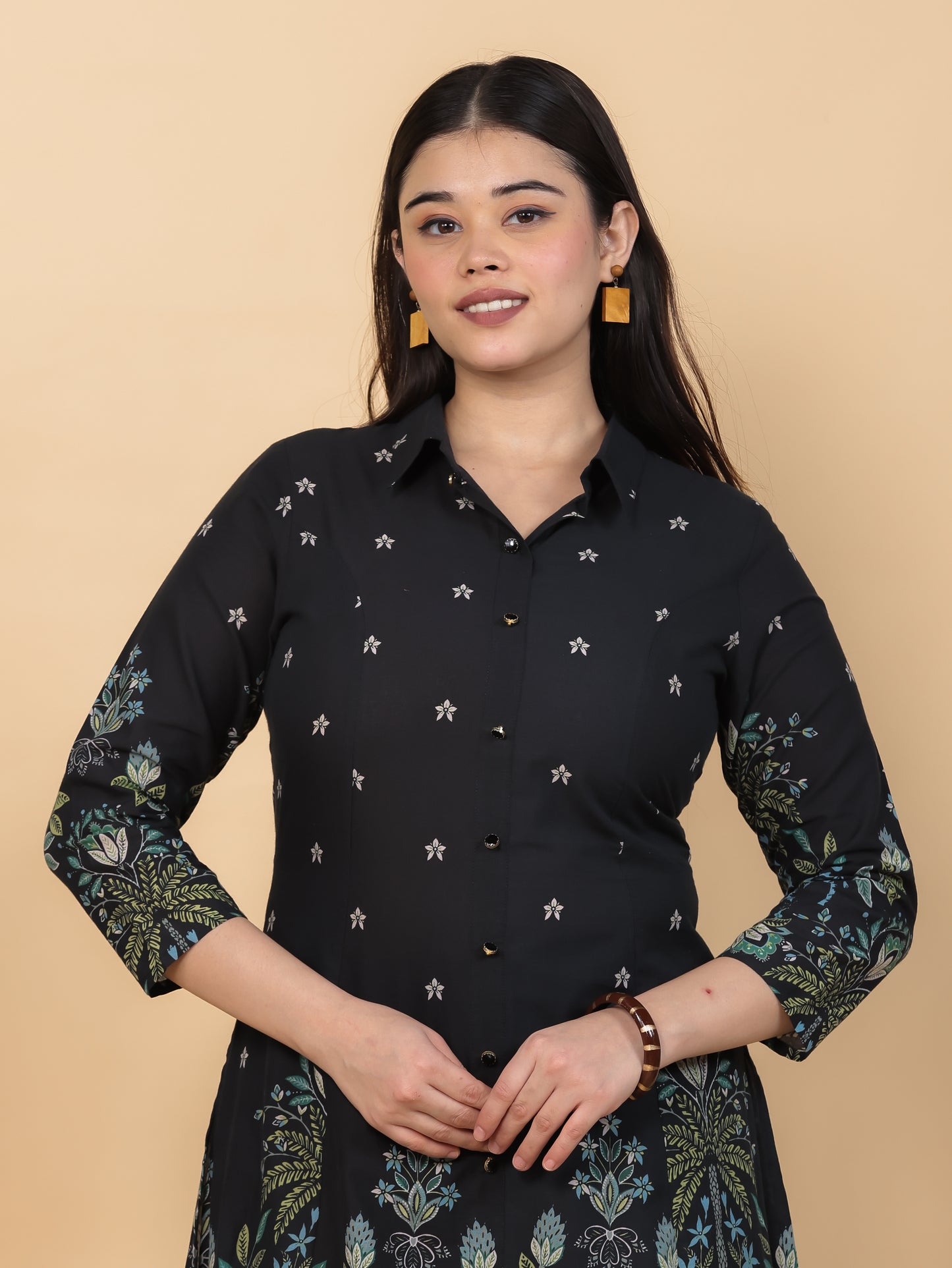 Soft Cotton Placement Print High Low Black Kurta