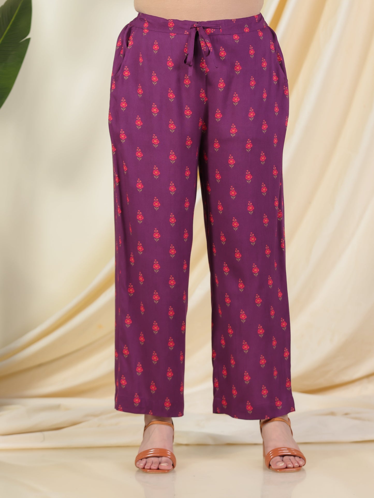 Viscose Floral Purple Straight Trousers
