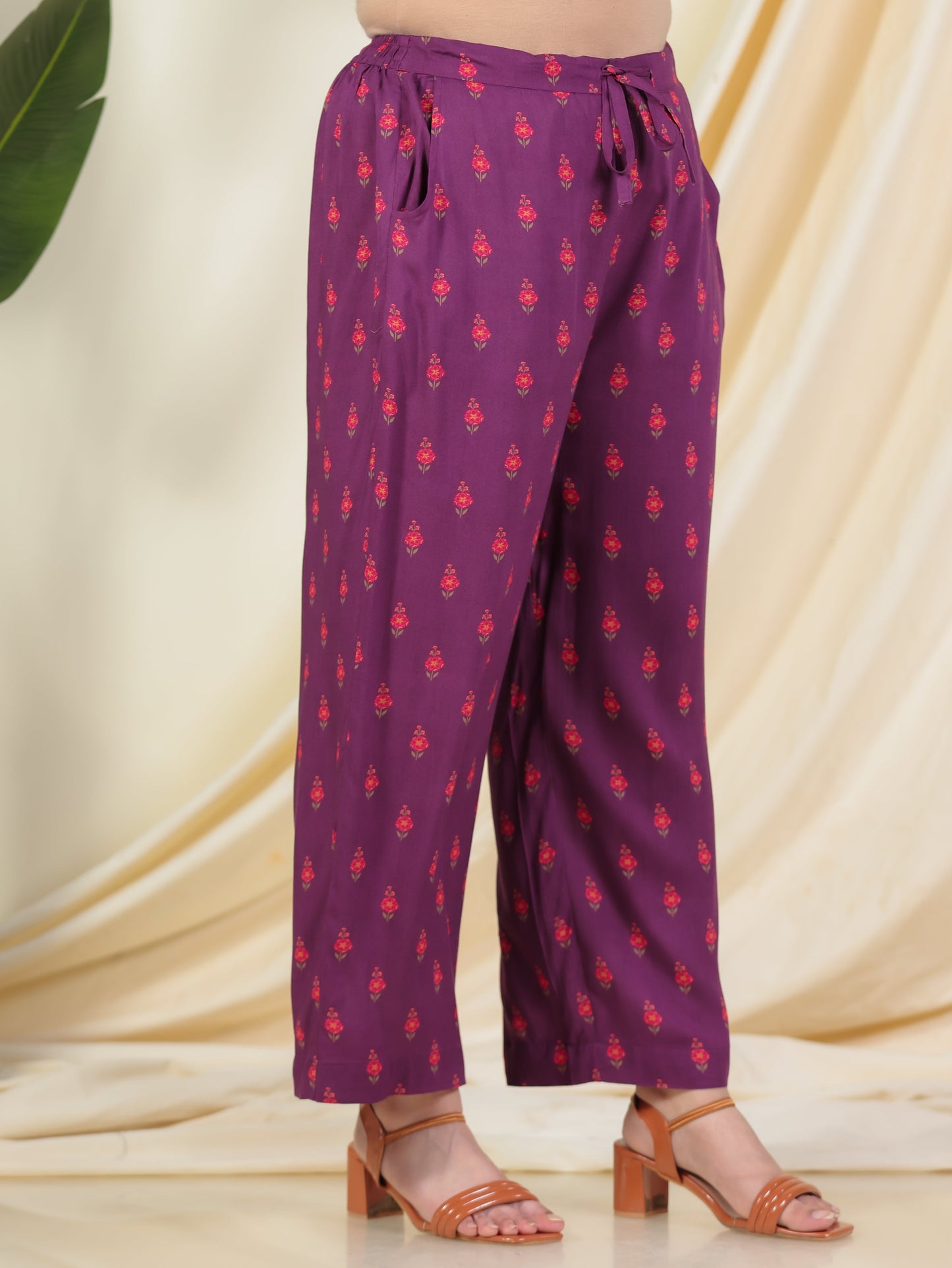 Viscose Floral Purple Straight Trousers