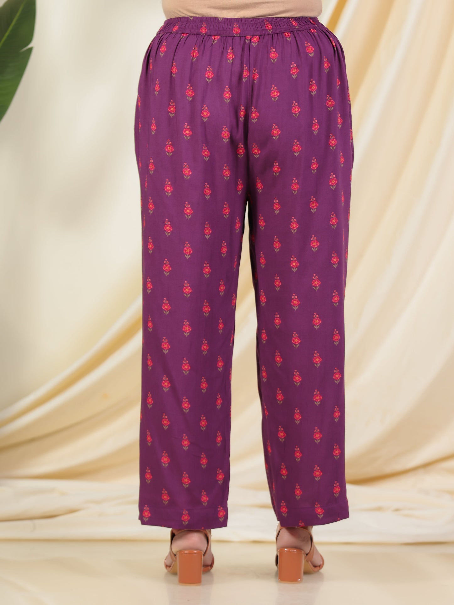 Viscose Floral Purple Straight Trousers