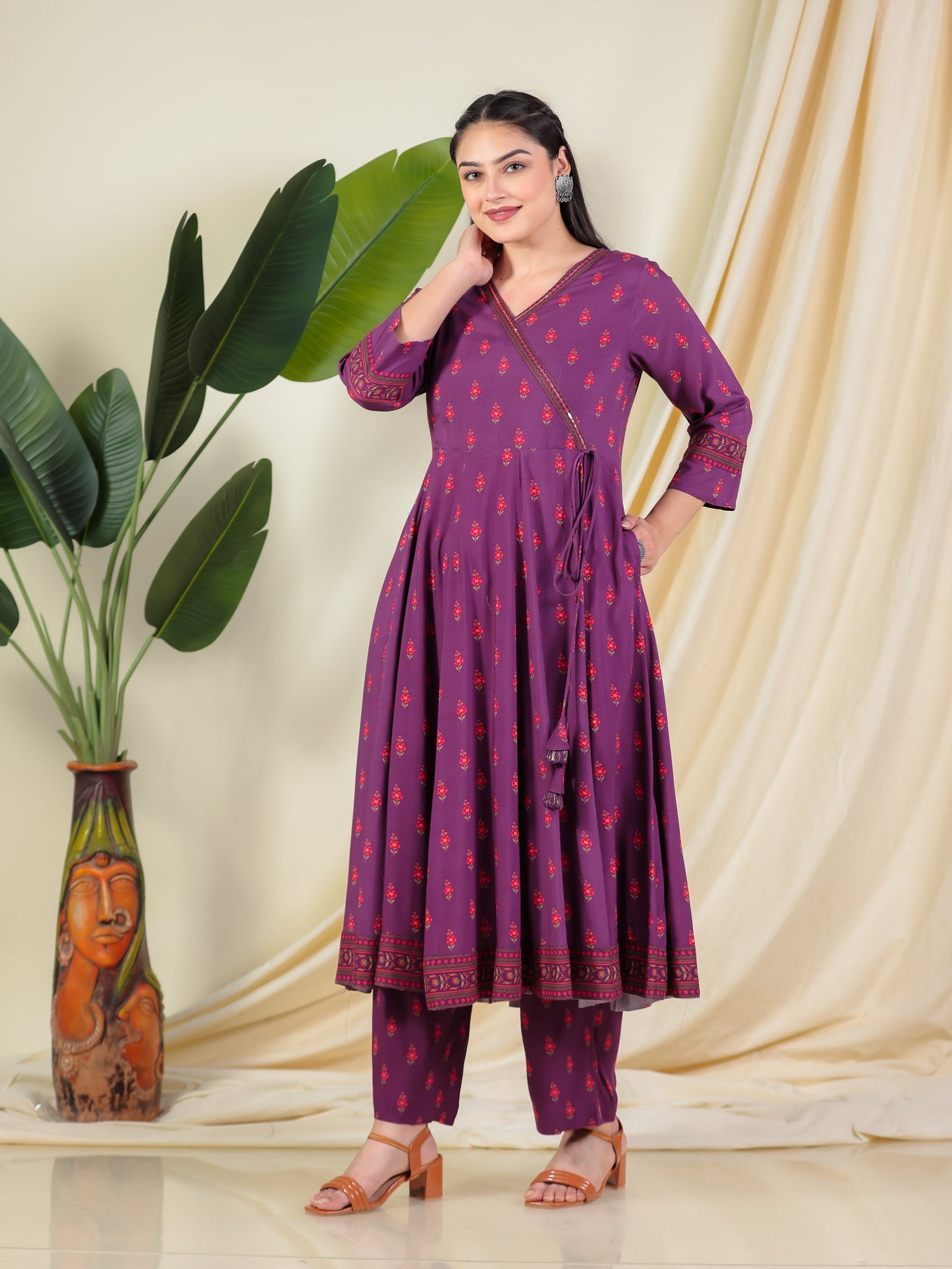 Embroidered Viscose Floral Angrakha Purple Kurta