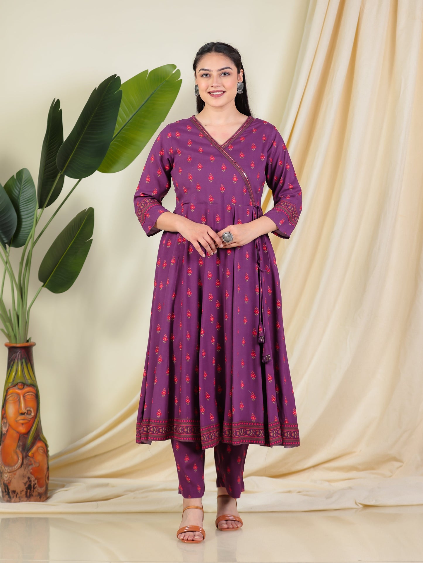 Embroidered Viscose Floral Angrakha Purple Kurta
