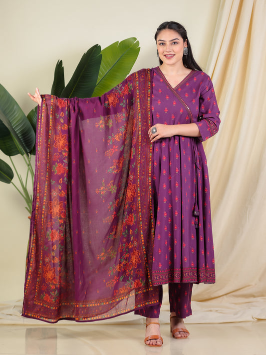 Embroidered Viscose Floral Angrakha Purple Kurta