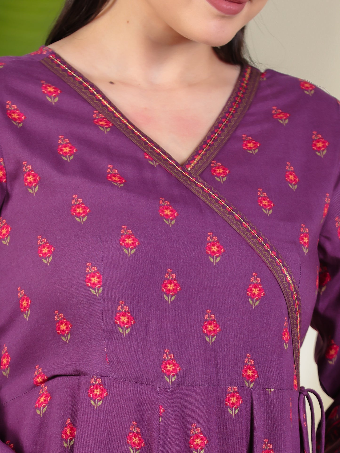 Embroidered Viscose Floral Angrakha Purple Kurta