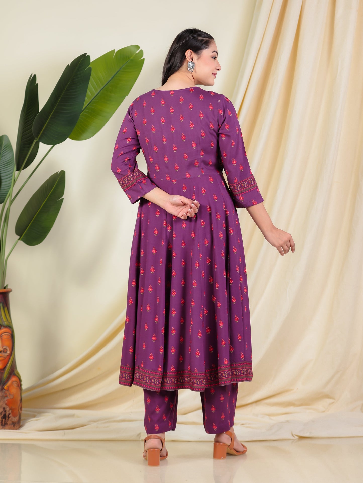 Embroidered Viscose Floral Angrakha Purple Kurta