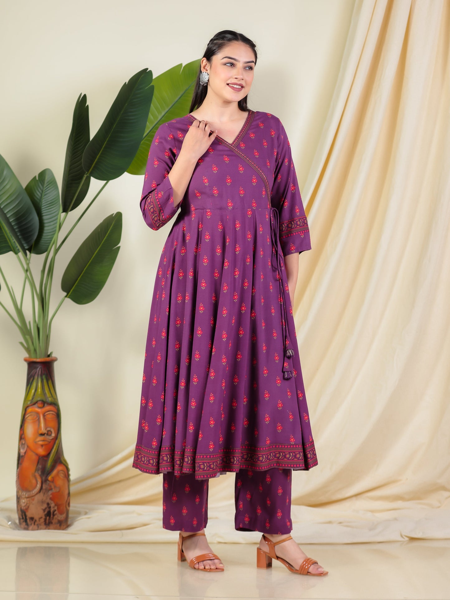 Embroidered Viscose Floral Angrakha Purple Kurta