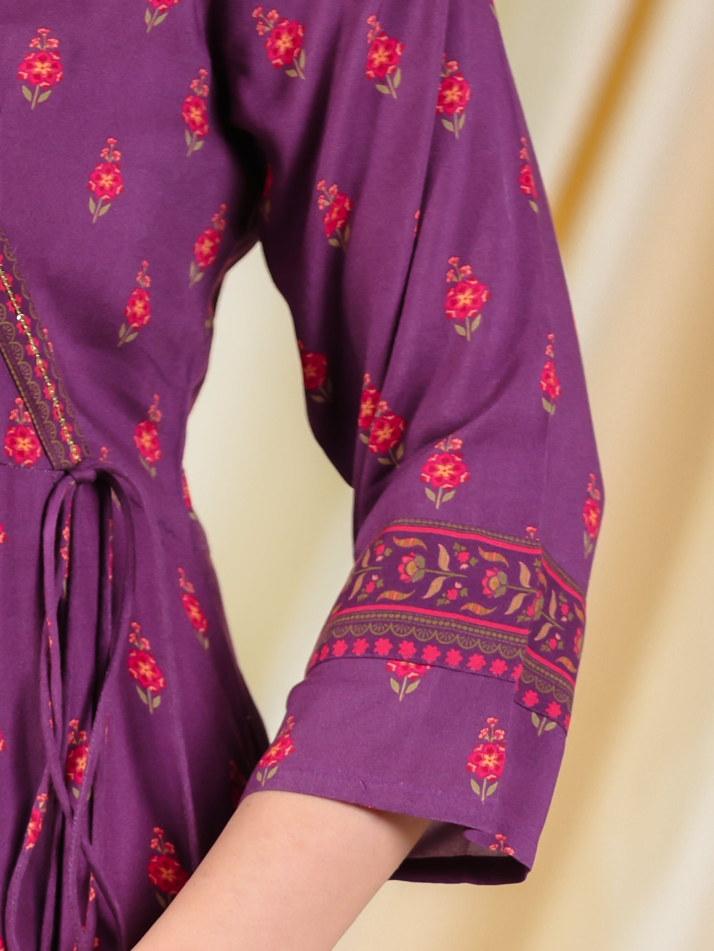 Embroidered Viscose Floral Angrakha Purple Kurta