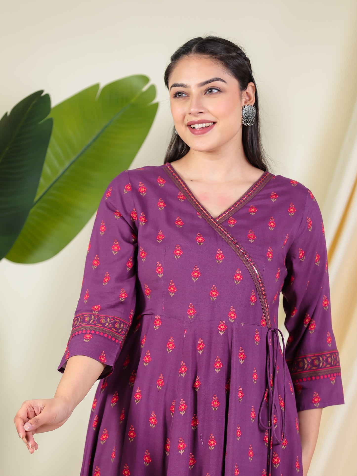 Embroidered Viscose Floral Angrakha Purple Kurta