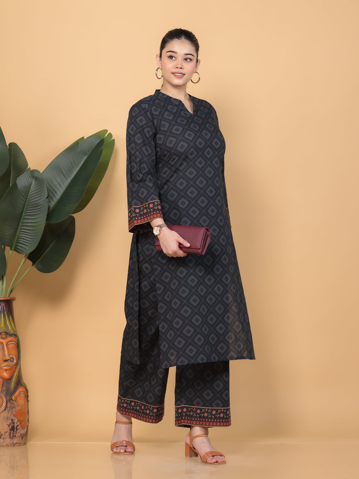 Soft Cotton Floral Straight Black Kurta