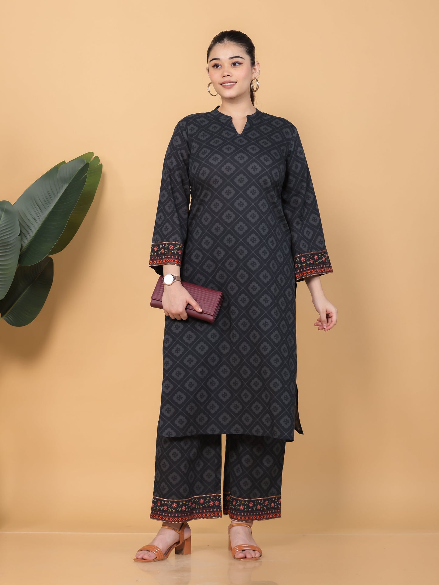 Soft Cotton Floral Straight Black Kurta