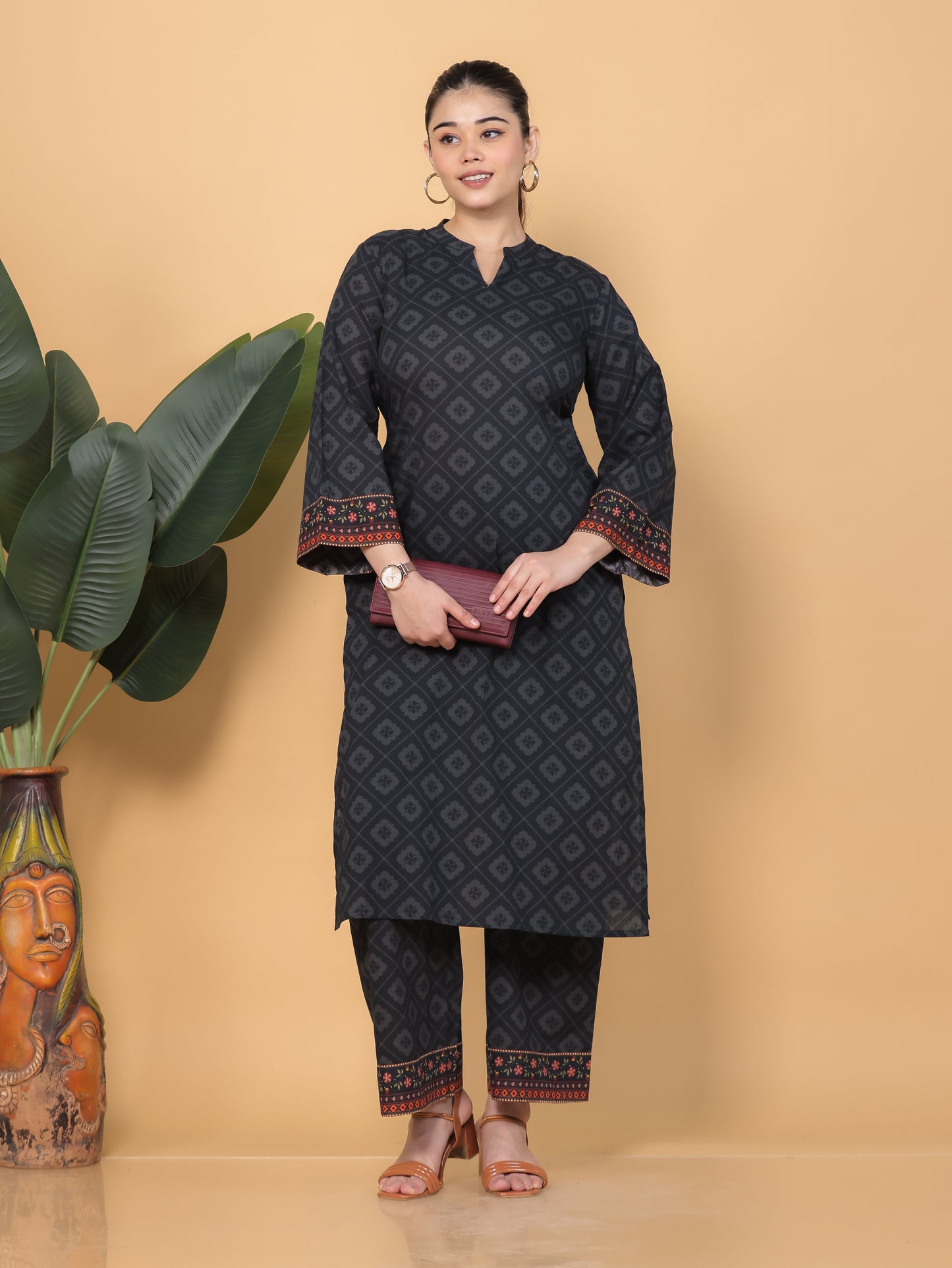 Soft Cotton Floral Straight Black Kurta