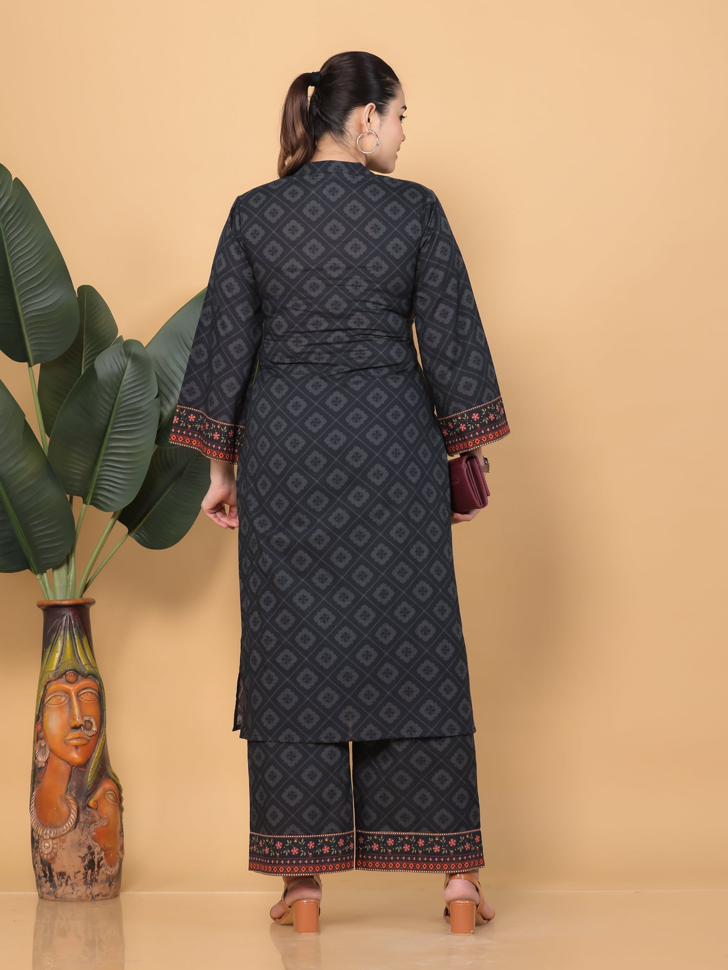 Soft Cotton Floral Straight Black Kurta