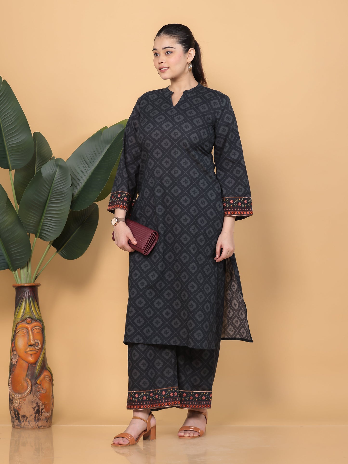 Soft Cotton Floral Straight Black Kurta
