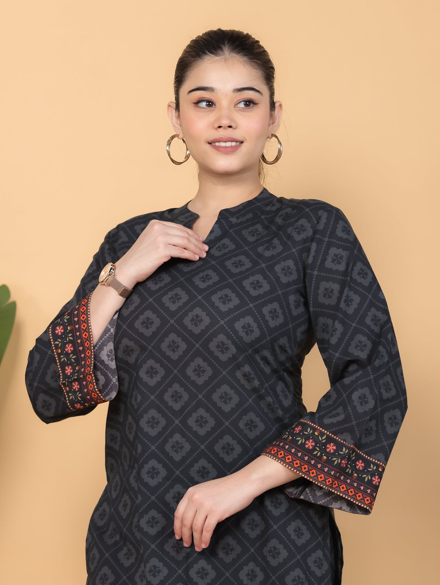 Soft Cotton Floral Straight Black Kurta