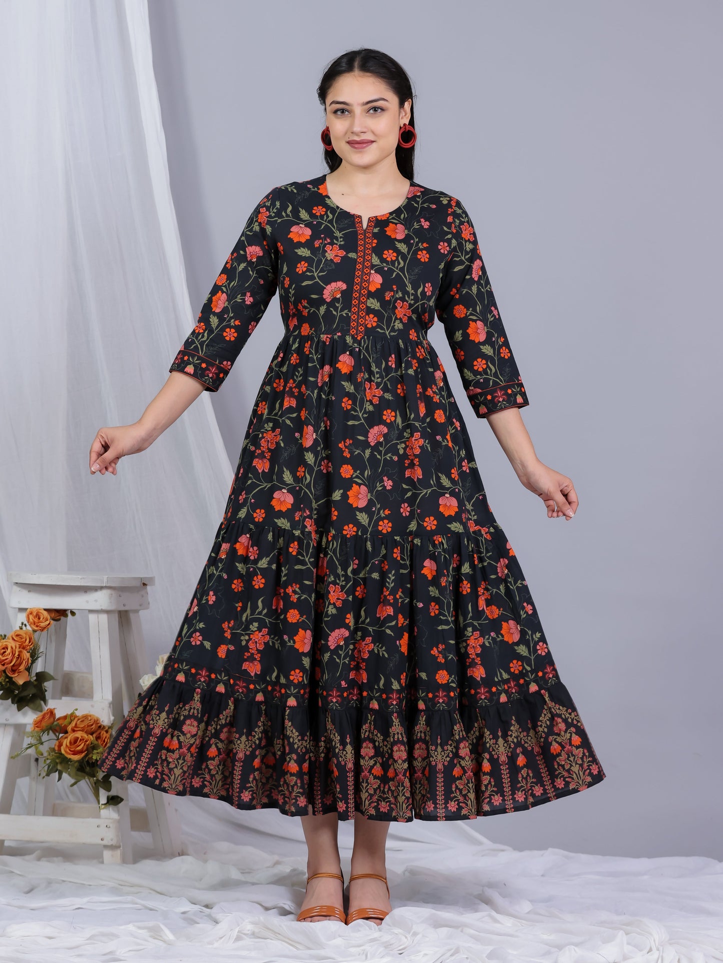 Soft Cotton Floral Anarkali Black Dress