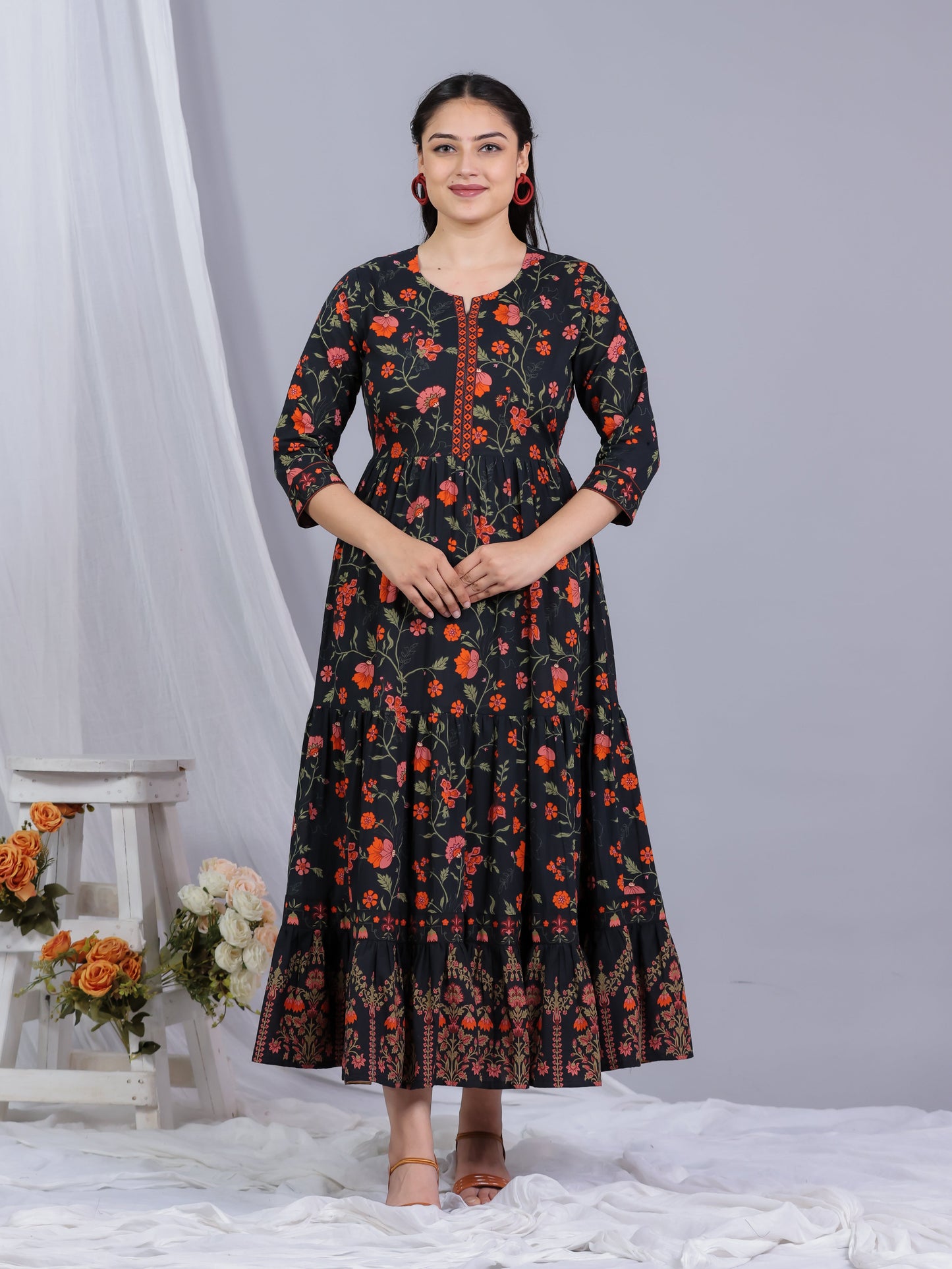 Soft Cotton Floral Anarkali Black Dress