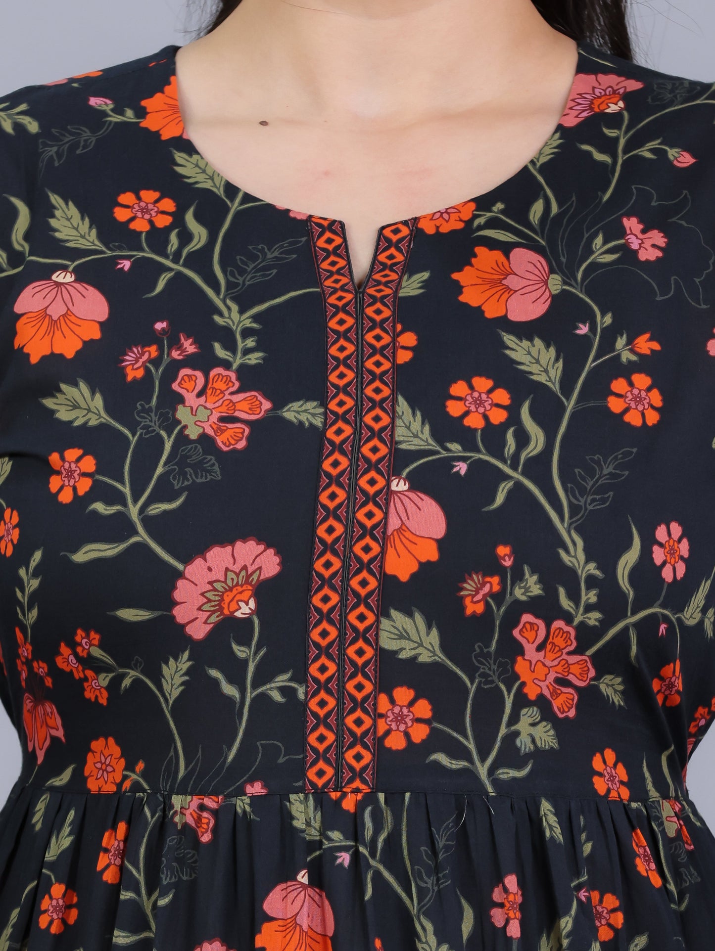 Soft Cotton Floral Anarkali Black Dress